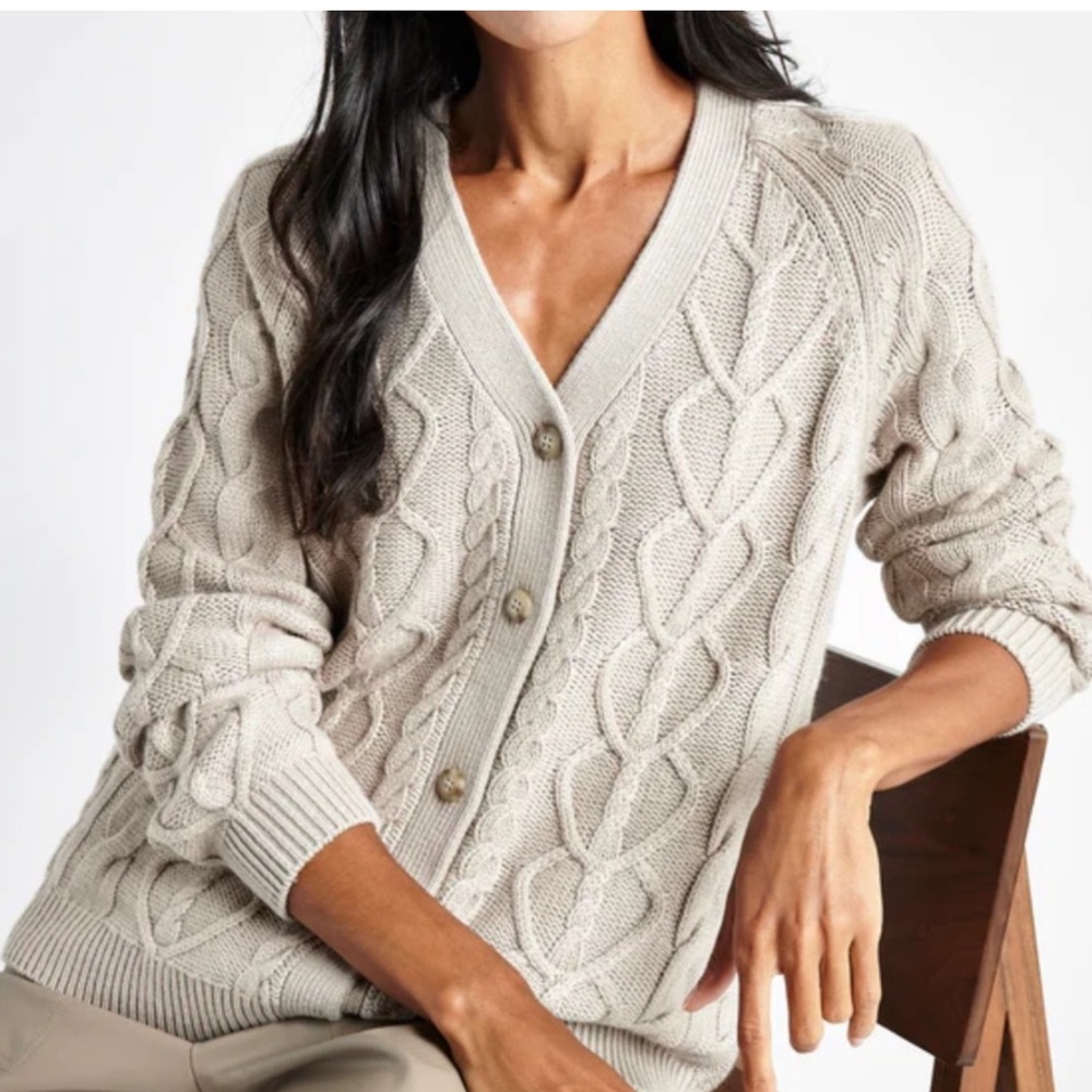 Splendid Cable Knit Button-Front V-Neck Cardigan Wool/Cashmere Cream Size Small